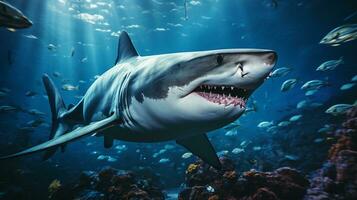 great white shark swimming in the deep blue ocean photo