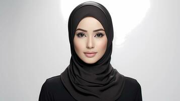 AI Generative A portrait of young smiling muslim woman wearing hijab in a professional studio. Promoting for hijab product and skincare. photo