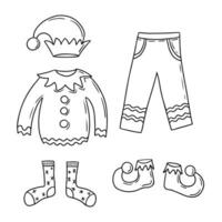 Doodle outline set of elf Christmas clothes. Sketch hand drawn design for coloring pages, stickers, pattern. Black pants, socks, hat, sweater and shoes of Santa Clause assistant on white background vector