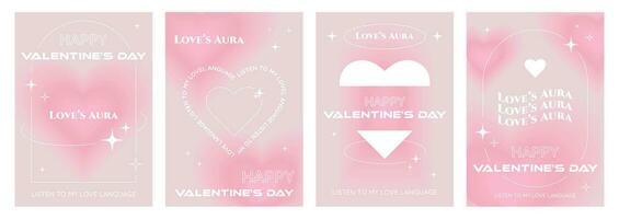 Happy Valentine's Day poster set in trendy y2k aesthetic, covers, vertical banners, flyers with blurred hearts and black thin frames, vector illustration.