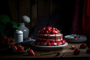 Delicious chocolate strawberry cake torte dessert with fresh berries and butter cream on dark wooden background. Ai generated. photo