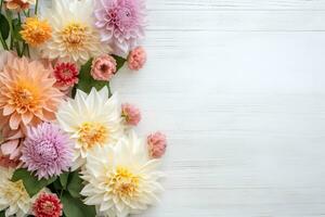 Dahlia flowers on white wooden background, floral flat lay. Valentine's, womens, mothers day, birthday or wedding concept. Top view. Copy space. Generated AI. photo