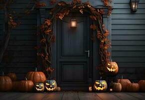 Halloween or Thanksgiving day decorated house door with spooky pumpkins and autumn holiday decoration. Generated AI. photo