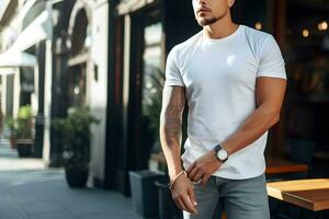 Young man wearing bella canvas white t shirt and jeans, at a cozy restaurant on summers day. Design tshirt template, print presentation mockup. Ai generated. photo
