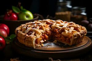 Traditional american apple pie with fresh apples fruits and cinnamon. Thanksgiving or halloween, autumn or fall dessert pastry. photo