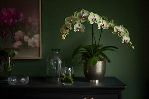 Beautiful tropical yellow phalaenopsis orchid in a pot on a chest of drawers, in an interior with green wall, dark background. Copy space. Ai generated. photo