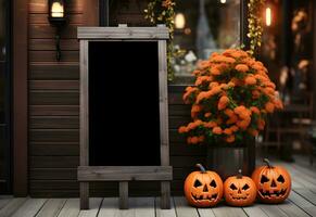 Halloween welcome signboard mockup with pumpkins and flowers. Black board with autumn holiday decoration and copy space. Generated AI. photo