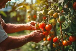 Close up of farmer male hands picking red cherry tomatoes. Organic food, harvesting and farming concept. Generated AI. photo