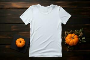 White womens t-shirt halloween mockup with pumpkins and leaves on dark background. Design t shirt template, print presentation mock up. Top view flat lay. Generated AI. photo