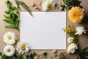 Blank greeting card mockup on concrete background with garden flowers. Summer flat lay composition. Top view with copy space. AI generated. photo
