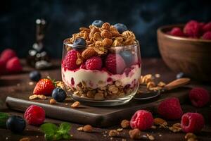 Yogurt granola parfait with sliced nuts, fresh raspberry and blueberry in a glass jar on dark background. Generative AI. photo