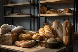 Various types of fresh bread, buns and baguette on shelves in bakeryon a rustic table in a bread shop for breakfast and afternoon tea. Ai generated. photo