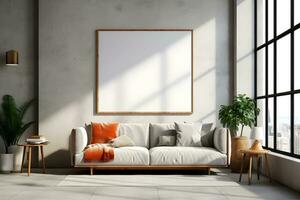 Rectangular frame poster mockup, on light concrete wall in living interior with modern boho furniture and big window, century gray sofa, scandinavian style interior decoration. Generated AI. photo