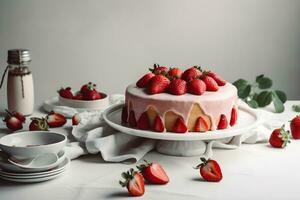 Delicious strawberry biscuit cake torte dessert with fresh berries and butter cream on concrete background. Ai generated. photo