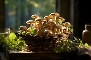 Freshly picked mushrooms in a basket on the autumn, fall forest background. photo