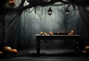 Empty black halloween table mockup with pumpkins, lantern, candles, spooky decoration and dark mystical forest background. Generated AI. photo