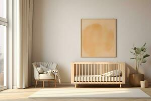 Rectangular frame poster mockup, on light concrete wall in living interior of a baby room, with modern boho furniture and with baby cot, scandinavian style interior decoration. Generated AI. photo