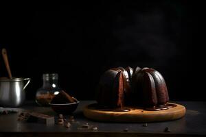 Delicious chocolate bundt cake topped dessert with ganache glaze on dark background with copy space. Ai generated. photo