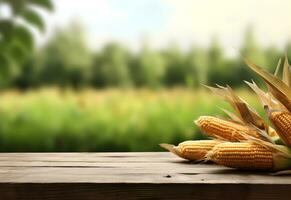 Wooden table with corn on cobs and free space on nature blurred background. Generated AI. photo