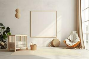 Rectangular frame poster mockup, on light concrete wall in living interior of a baby room, with modern boho furniture and with baby cot, scandinavian style interior decoration. Generated AI. photo