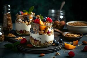 Fresh yogurt granola parfait with sliced nuts, fresh raspberry, blueberry and mango fruits in a glass jar on dark background. Generative AI. photo