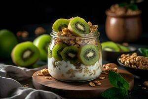 Yogurt granola parfait with sliced nuts and fresh kiwi fruits in a glass jar on dark background. Generative AI. photo