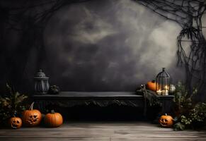 Empty black halloween table mockup with pumpkins, candles, autumn flowers, spooky decoration and dark mystical background. Generated AI. photo