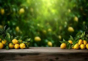 Wooden table with lemon fruits and free space on nature blurred background. Generated AI. photo