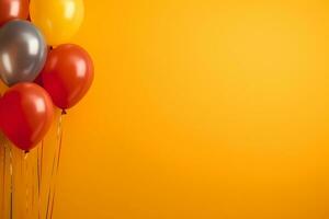 Colorful balloons bunch tied on a yellow wall background with copy space. Birthday, wedding, party or celebration concept. Generated AI. photo