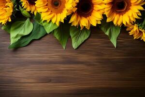 Sunflowers on wooden background. Valentine's, womens, mothers day, birthday or wedding, summer flowers flat lay. Top view. Copy space. Generated AI. photo