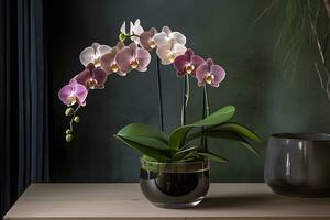 Beautiful tropical pink phalaenopsis orchid in a glass pot on a chest of drawers, in an interior with green wall, dark background. Copy space. Ai generated. photo