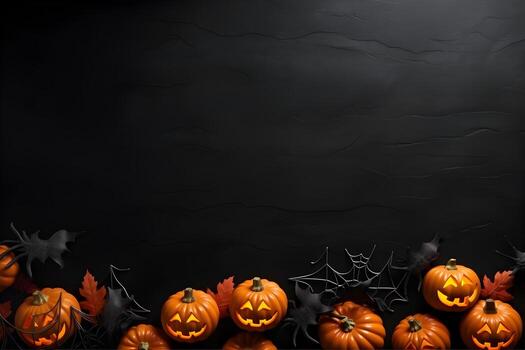 Happy halloween flat lay mockup with pumpkins and spider web on black background. Autumn holiday concept composition. Top view with copy space. Generated ai. photo