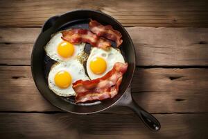 Traditional english breakfast with fried eggs and bacon in cast iron pan on dark wooden background. Top view. AI generated. photo