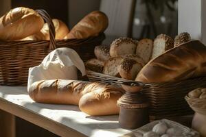 Various types of fresh bread, buns and baguette on shelves in bakeryon a rustic table in a bread shop for breakfast and afternoon tea. Ai generated. photo