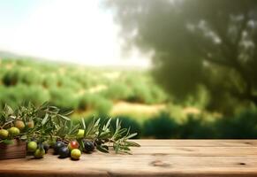 Wooden table with olives fruits and free space on nature blurred background. Generated AI. photo