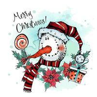 Navidad tarjeta. linda gracioso monigote de nieve con regalos. vector. vector