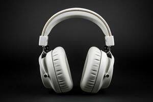 Large white headphones on a black background. Music concept. photo