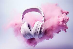 Large white headphones in a puff of pink smoke on a black background. Music concept. photo
