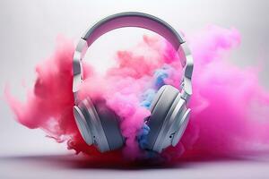 Large white headphones in a puff of colorful smoke on a black background. Music concept. photo