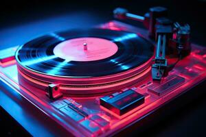 Vinyl record in neon light. Vinyl player in retro style. Close-up. Music concept photo