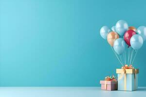 vistoso globos manojo atado con un regalo caja en un azul pared antecedentes con Copiar espacio. cumpleaños, boda, fiesta o celebracion concepto. generado ai. foto
