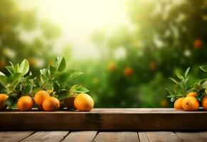 Wooden table with orange fruits and free space on nature blurred background. Generated AI. photo