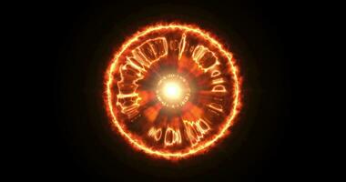 Orange Verbrennung Magie Kugel von Feuer, Energie Partikel Feuerball, kreisförmig Feuer Schock Wellen, 4k Video, 3d video