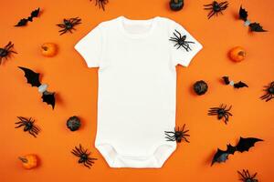 Halloween white baby girl or boy bodysuit mockup flat lay with pumpkins, spiders and bats on orange background. Design onesie template, print presentation mock up. Top view. photo