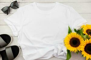 White womens cotton T Shirt mockup with sunflowers, summer shoes sandals and sunglasses on white wooden background. Design t shirt template, print presentation mock up. Top view flat lay. photo