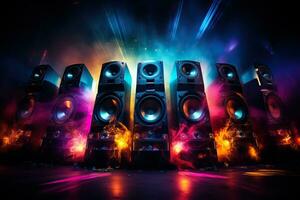 Multimedia acoustic speakers with neon lighting. Sound audio system in the bright rays of spotlights photo