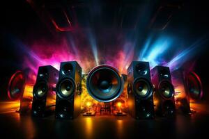 Multimedia acoustic speakers with neon lighting. Sound audio system in the bright rays of spotlights photo