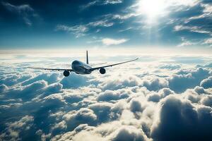 blue sky and white clouds closeup with Plane Ocean AI Generative photo