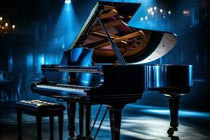 The piano is in the center of the stage in the light of the spotlights. Musical performance photo