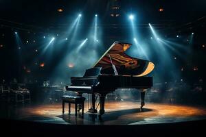 The piano is in the center of the stage in the light of the spotlights. Musical performance photo